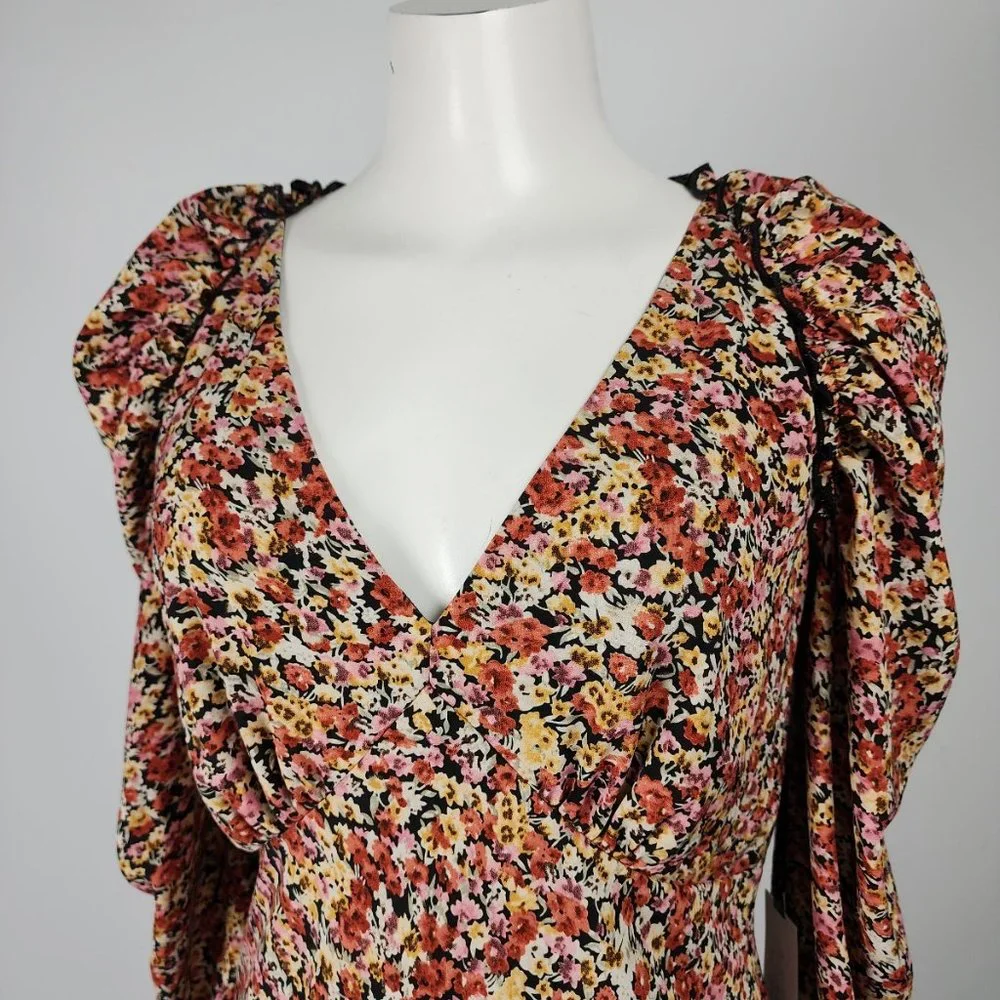 ASTR The Label Red Floral Puff Sleeve Midi Dress Size M - Picture 2 of 12